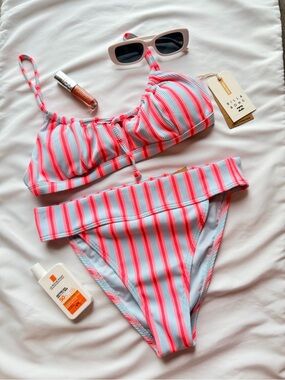 Billabong Pink and Light Blue Striped Bikini Set